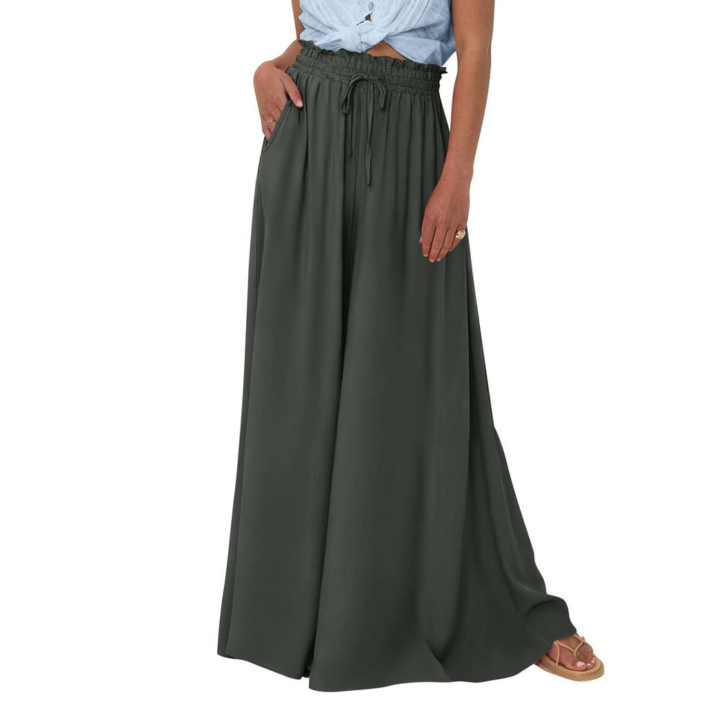 Женские широкие брюки с высокой талией, летние повседневные струящиеся брюки-палаццо, однотонные пляжные брюки с карманом