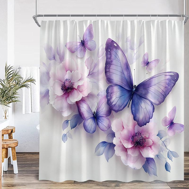 Floral Butterfly Shower Curtains Vintage Paris Tower Butterflies Watercolour Pink Purple Flowers Bath Curtain Bathroom Decor Set