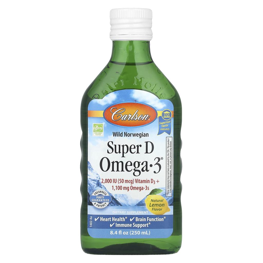 Carlson Super D Omega-3 from Wild Norwegian Cod, Natural Lemon Flavor, 8.4 Fl Oz (250 Ml)