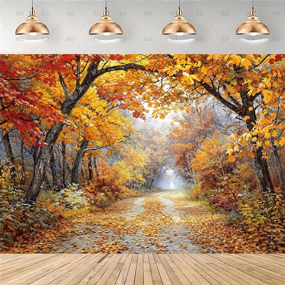 Rustic photographic backdrop: Maple forest, orange autumn leaves, pumpkin banner, for baby shower decorations4939