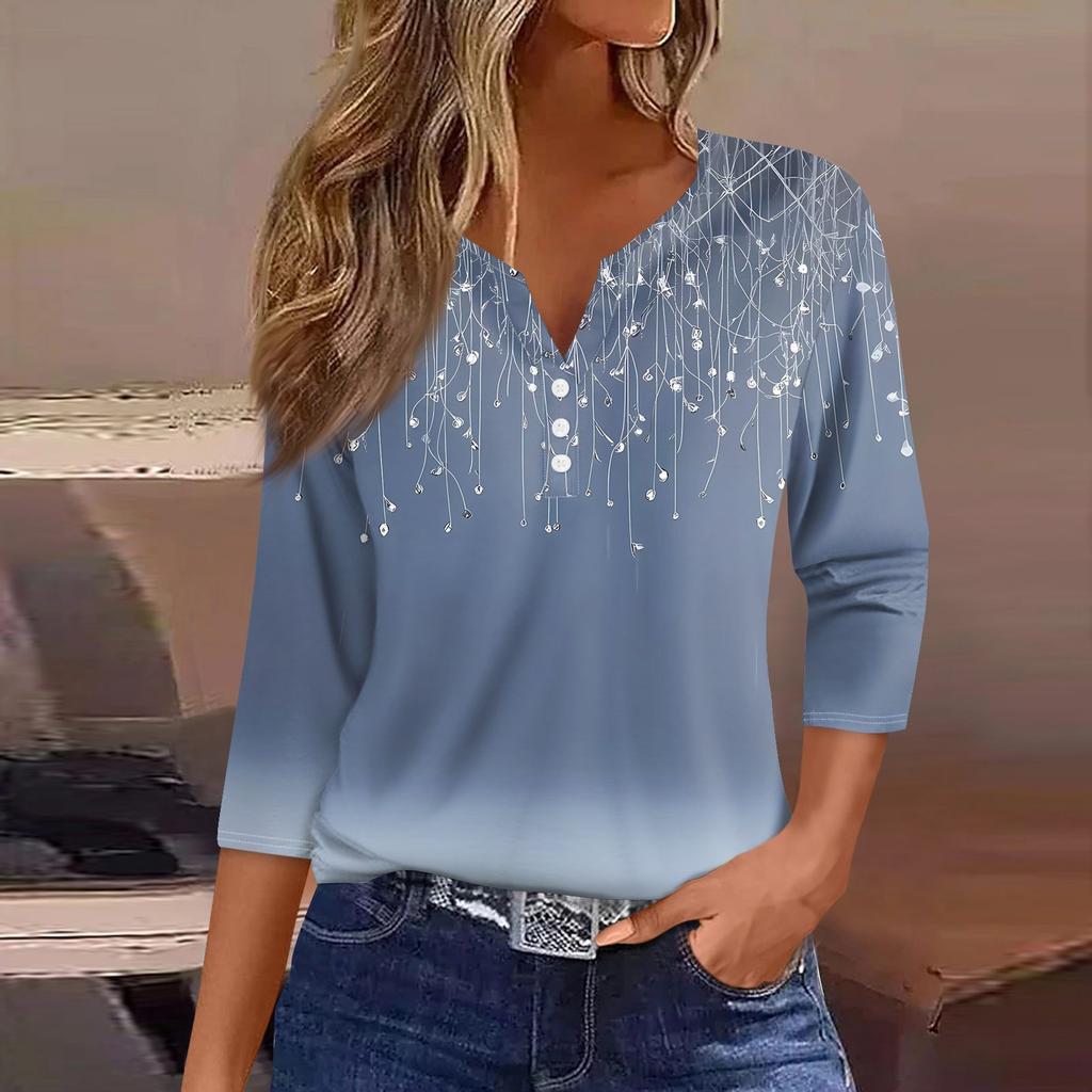 Women's T Shirt Print Button 3/4 Sleeve Daily Weekend Fashion Basic V- Neck Regular Top