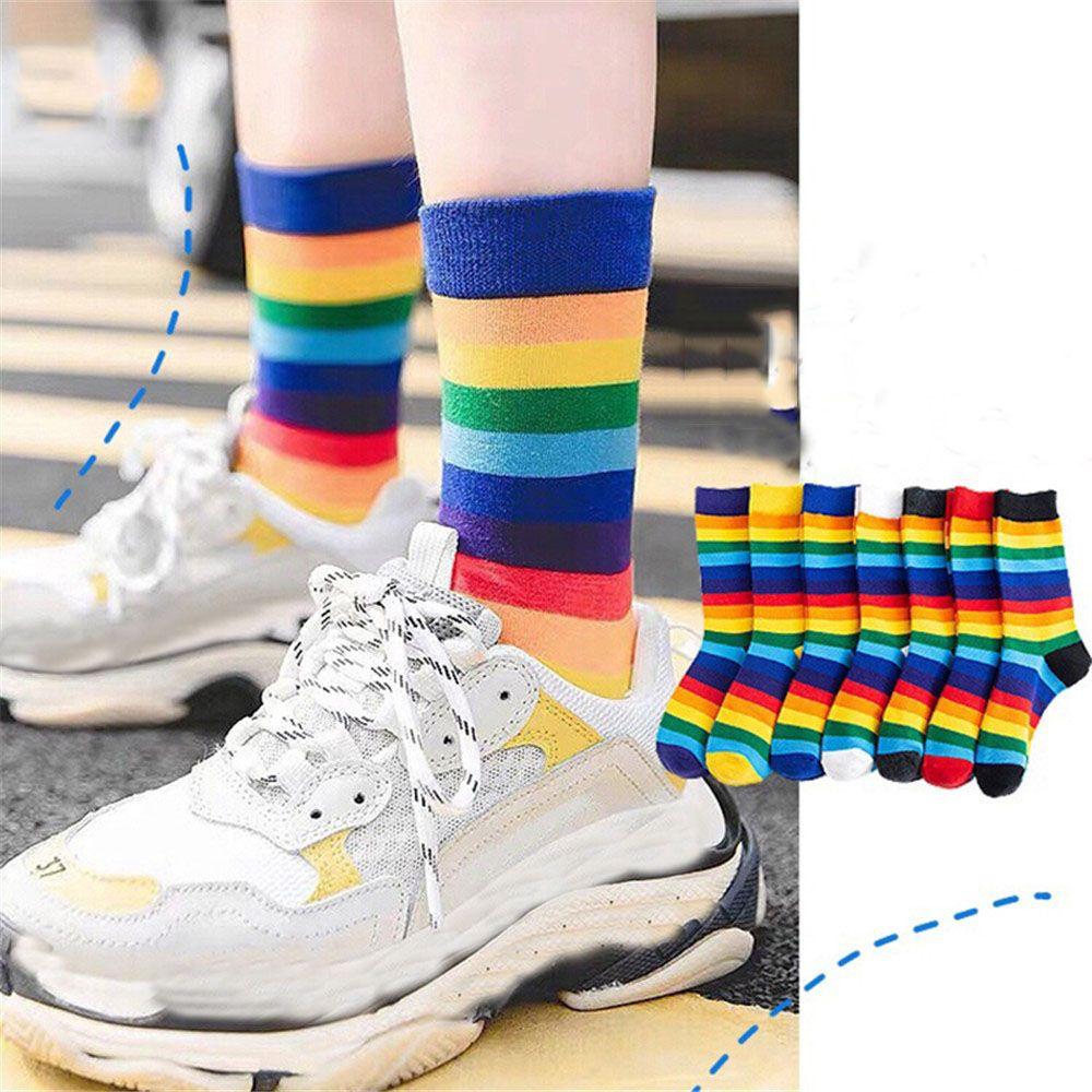 Street Skate Casual Sports Elasticity Sweat Retro Harajuku Long Sock Cotton Socks Rainbow Striped