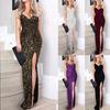 Women Deep V Sequins Wrap Ruched  Sleeveless Nightclub Party Dress