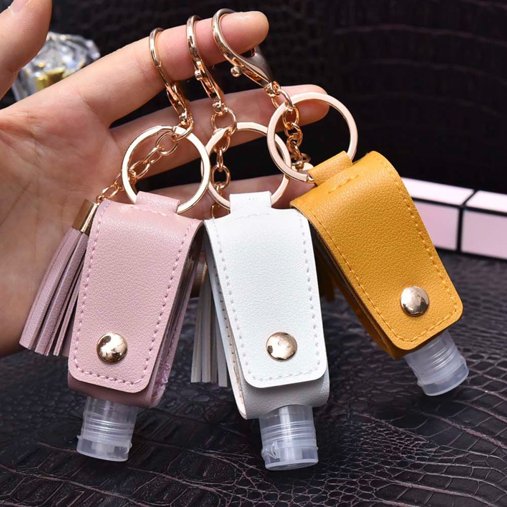 gel Storage Bottle Plastic Keychain Holder PU leather Cover Empty Bottle Hand Sanitizer Holder