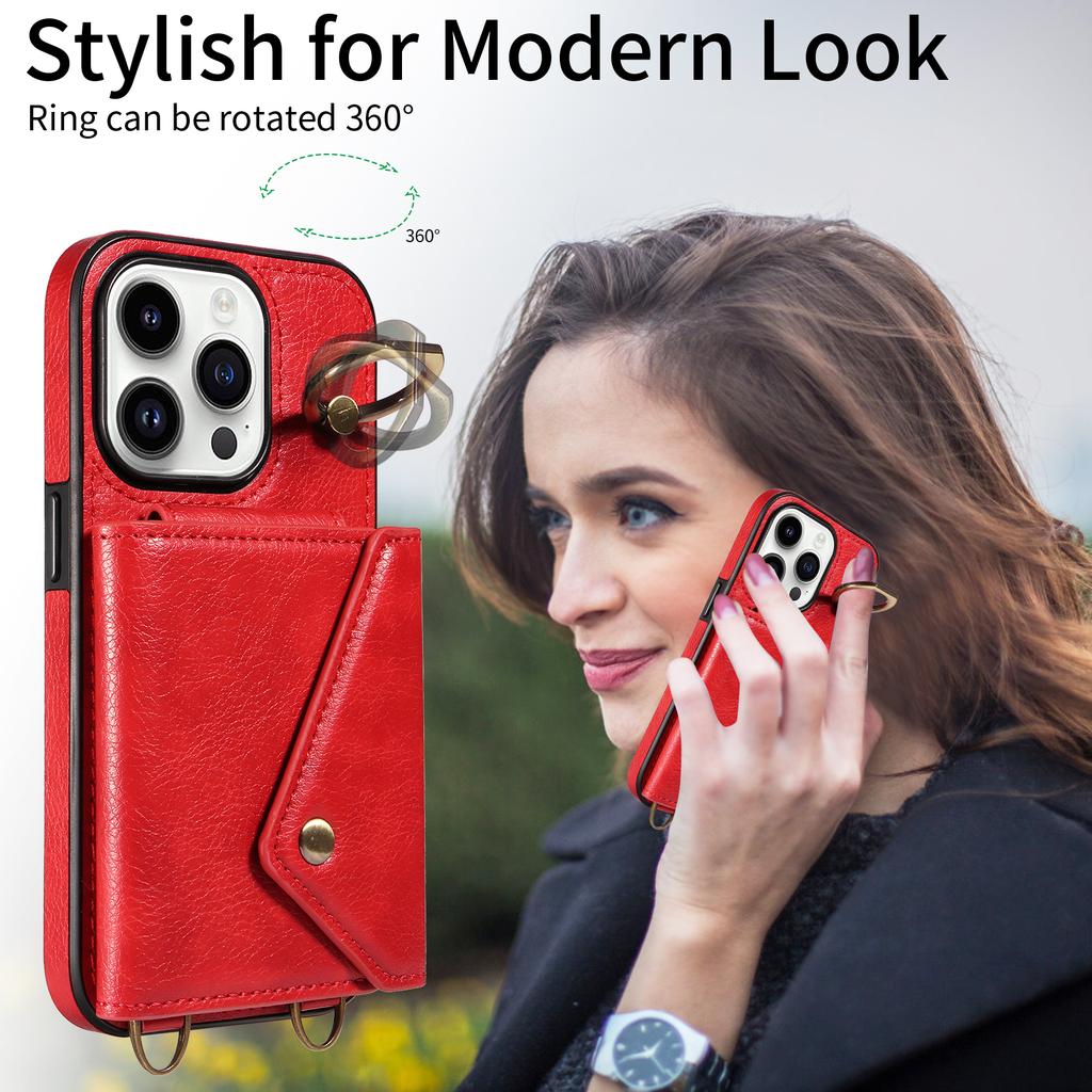 Для iPhone 16 серии. Для iPhone 16, 16 Plus, 16 Pro, 16 Pro Max плечевой ремень веревка кольцо кронштейн дизайн держатель для карт слоты личи узор чехол для телефона