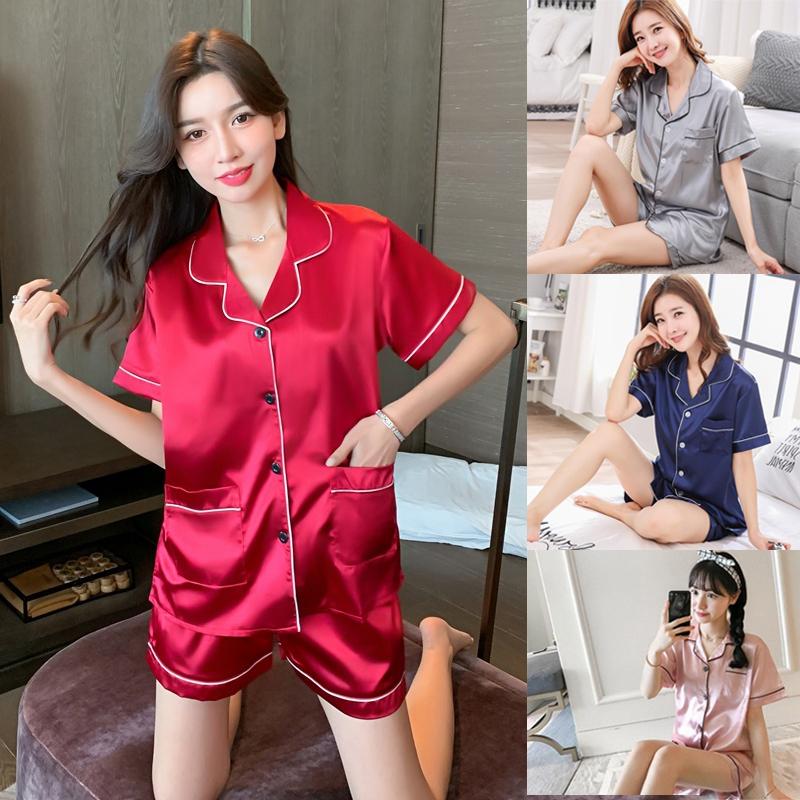 Женский шелковый атласный пижамный комплект, повседневная одежда для сна с короткими рукавами и пуговицами, топ, шорты, костюм для дома