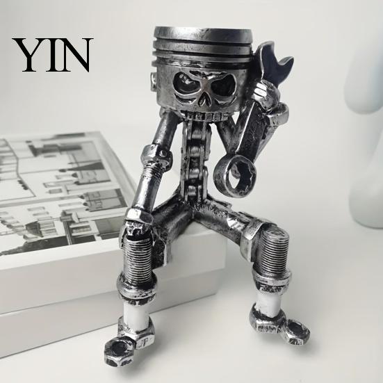 Detailed Mechanic Model Mechanical Skull Figurine with Gear Base, Industrial Piston-Head Skeleton Hardcore Desk Accessory Statue Wrench, Gift for Car