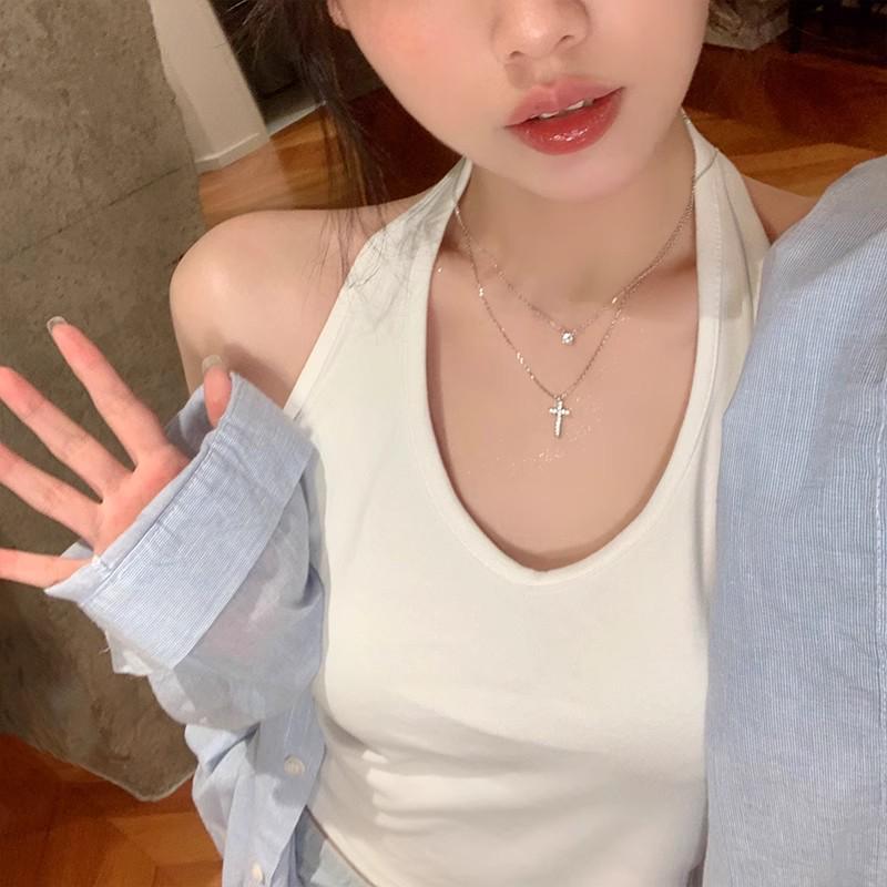 Women's Titanium Steel Sparkling Diamond Cross Necklace with Layered Clavicle Chain and Nose Stud