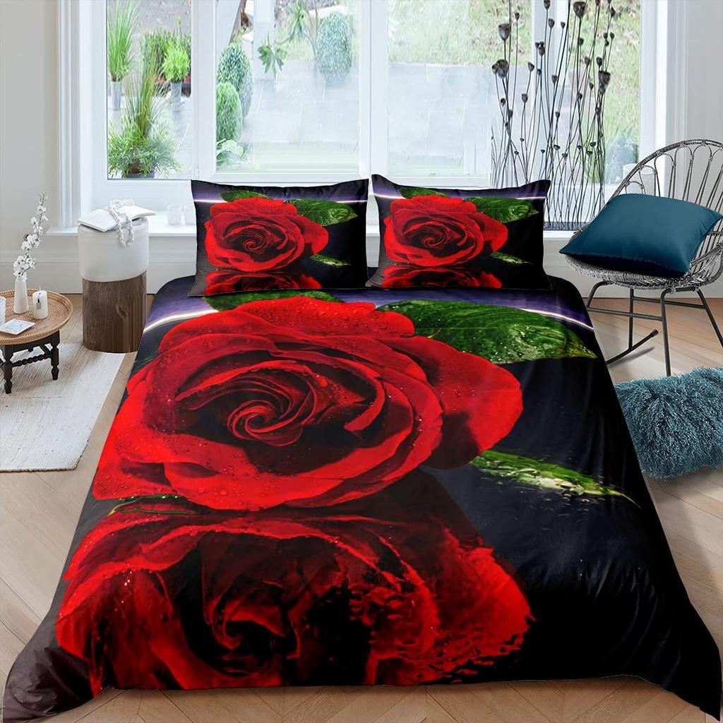 Valentine's Day Rose King Queen Duvet Cover Red White Floral Bedding Set Romantic Flowers Quilt Cover Polyester Comforter Cover