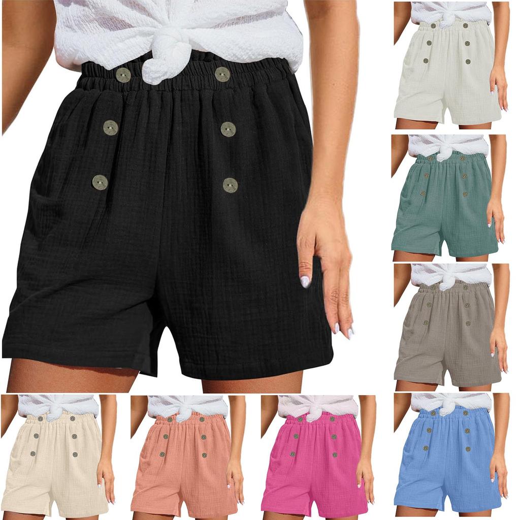 Женские льняные шорты, летние пляжные повседневные удобные шорты с эластичной резинкой на талии, легкие шорты с карманами, повседневные шорты