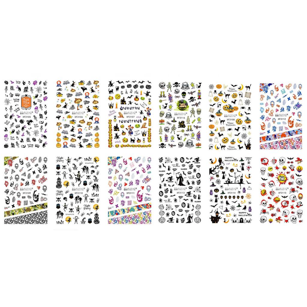12Pcs Halloween Manicure Stickers Skull Pumpkin Nail Art Stickers Spooky Decals for Women DIY Manicure Halloween Party Props
