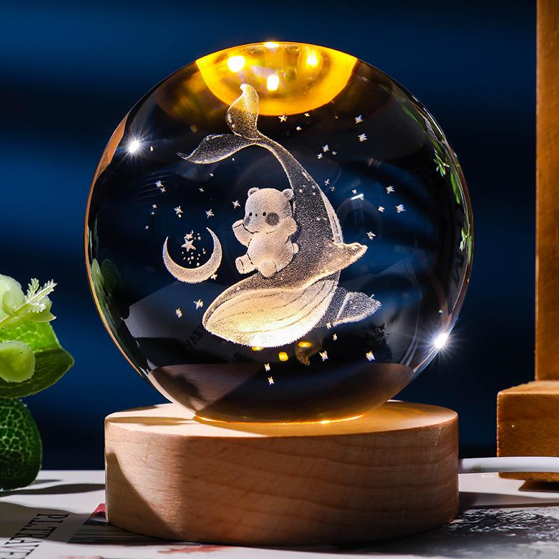 Personalize Wood Base logo 3d Laser Engraving Solar System Saturn Moon Crystal Glass Ball Home Decor Night Lights