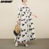 DIMANAF 2023 Women Dress Summer Sundress Linen Beach Holiday Print Pattern Fashion Lady Vestidos Loose Casual Maxi Dress Oversize