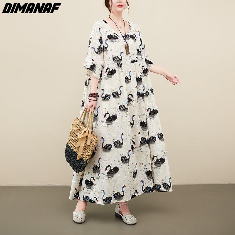 DIMANAF 2023 Women Dress Summer Sundress Linen Beach Holiday Print Pattern Fashion Lady Vestidos Loose Casual Maxi Dress Oversize