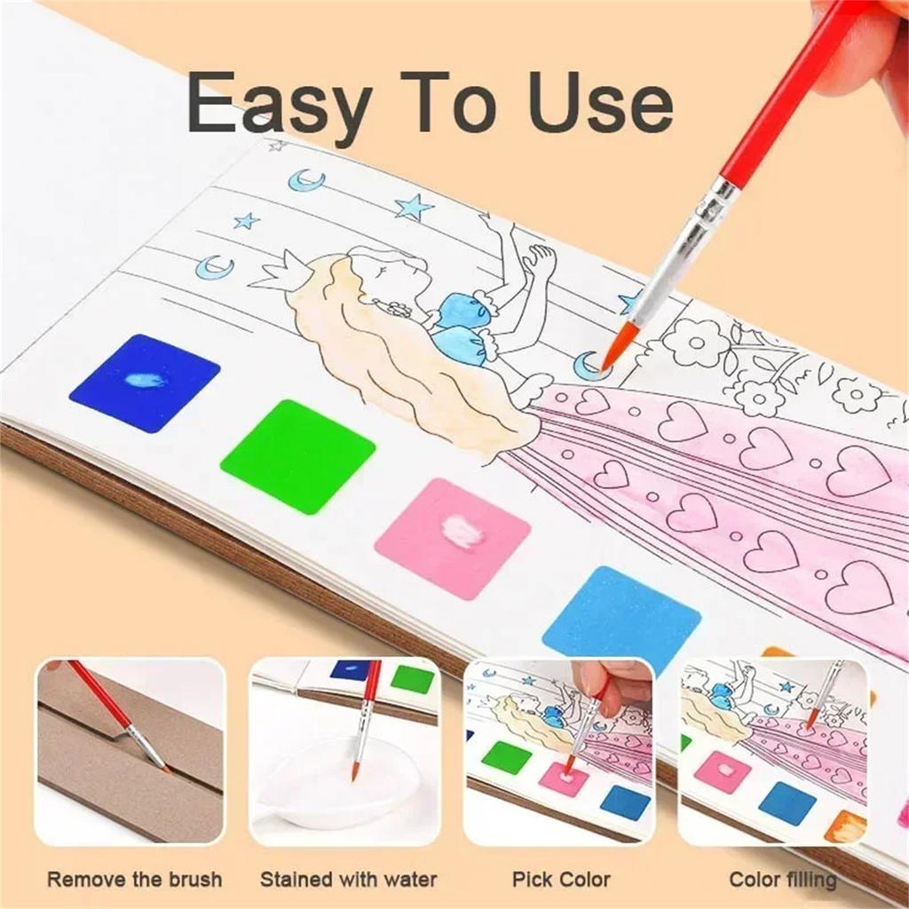 Kids Portable Watercolor Painting Book Paint With Water Brush Gouache Picture Coloring Drawing Toys Kindergarten Gifts