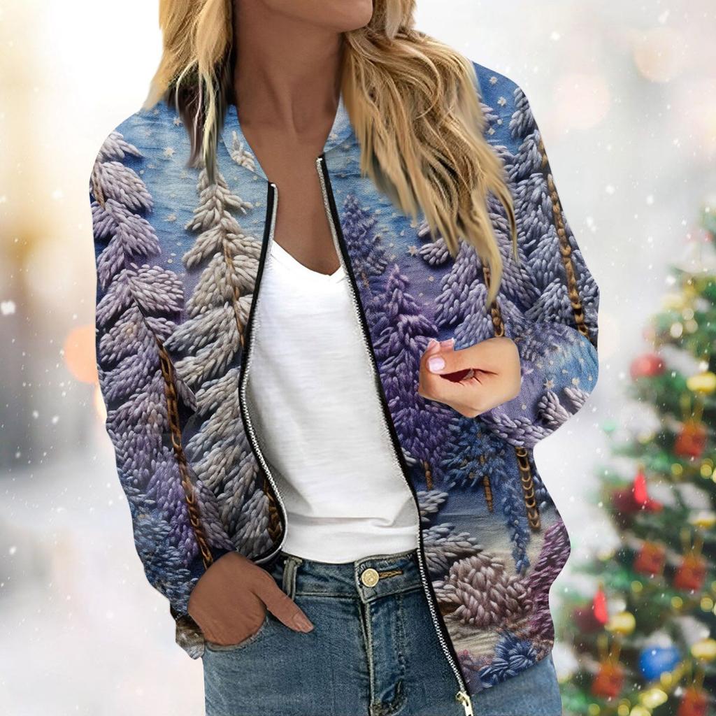 Женская легкая короткая куртка с длинными рукавами на молнии с принтом, повседневная стеганая куртка с карманами, рождественская