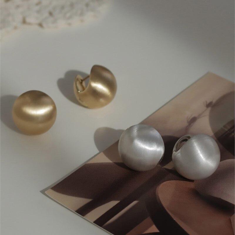 Frosted Gold-plated Brushed Spherical Hoop Earrings for Women Retro Unique Creative Versatile Accessories