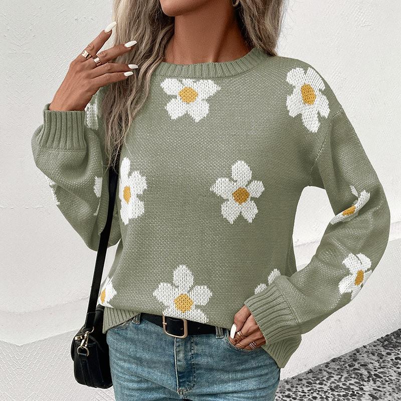 Womens Winter Floral Jacquard Knit Sweater Loose Fit Long Sleeve Casual Pullover In Khaki Blue Green Gray