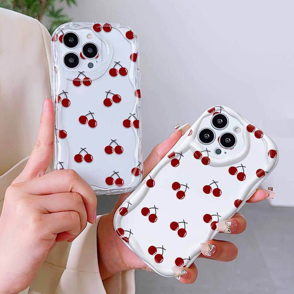 Для iPhone 16 15 14 Samsung S25 S24 S23 A06 A13 A14 A15 A16 A55 Redmi 14C 13C Note 14 13 12 Мягкий силиконовый чехол для телефона с волнистым краем и вишневым дизайном