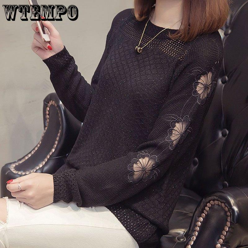 Spring and Autumn Women's Sweater Lace Knitwear Long Sleeve Knitwear Hollow Loose Versatile Women's Sweater Undercoat