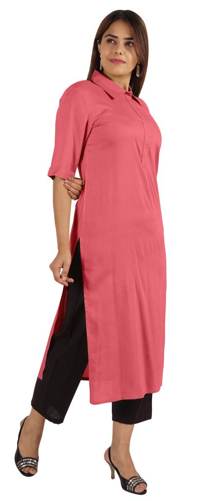 Moomaya Womens Solid Collar Kurti Rayon Elbow Sleeve Ethnic Kurta Indian