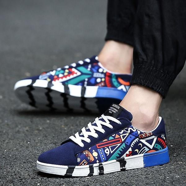 Men Spring Casual Flat Colorful Cool Graphic Low Top Canvas Sneakers Shoes Lightweight And Comfortable Fit