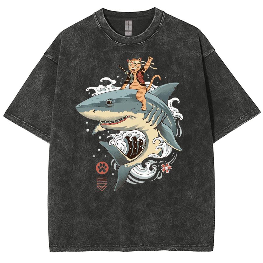 Женская футболка в японском стиле с рисунком акулы и потертым рисунком, стираная джинсовая ткань, свободный унисекс, короткий рукав, милый топ отаку