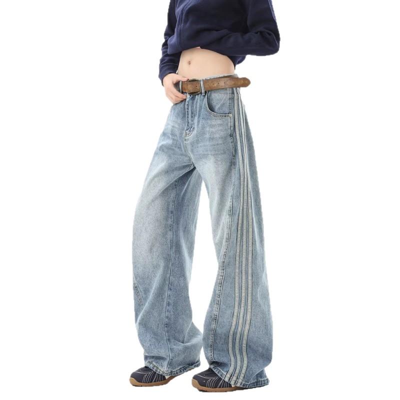 American Washed Side Stripe Bootcut Jeans Men Women Loose Wide Leg Distressed Denim Pants Streetwear Style