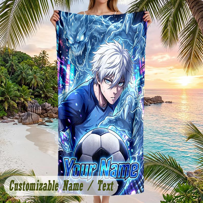 Blue Lock Beach Towel, Personalized Custom Name Text, Quick Dry Large Absorbent Towel For Beach Pool