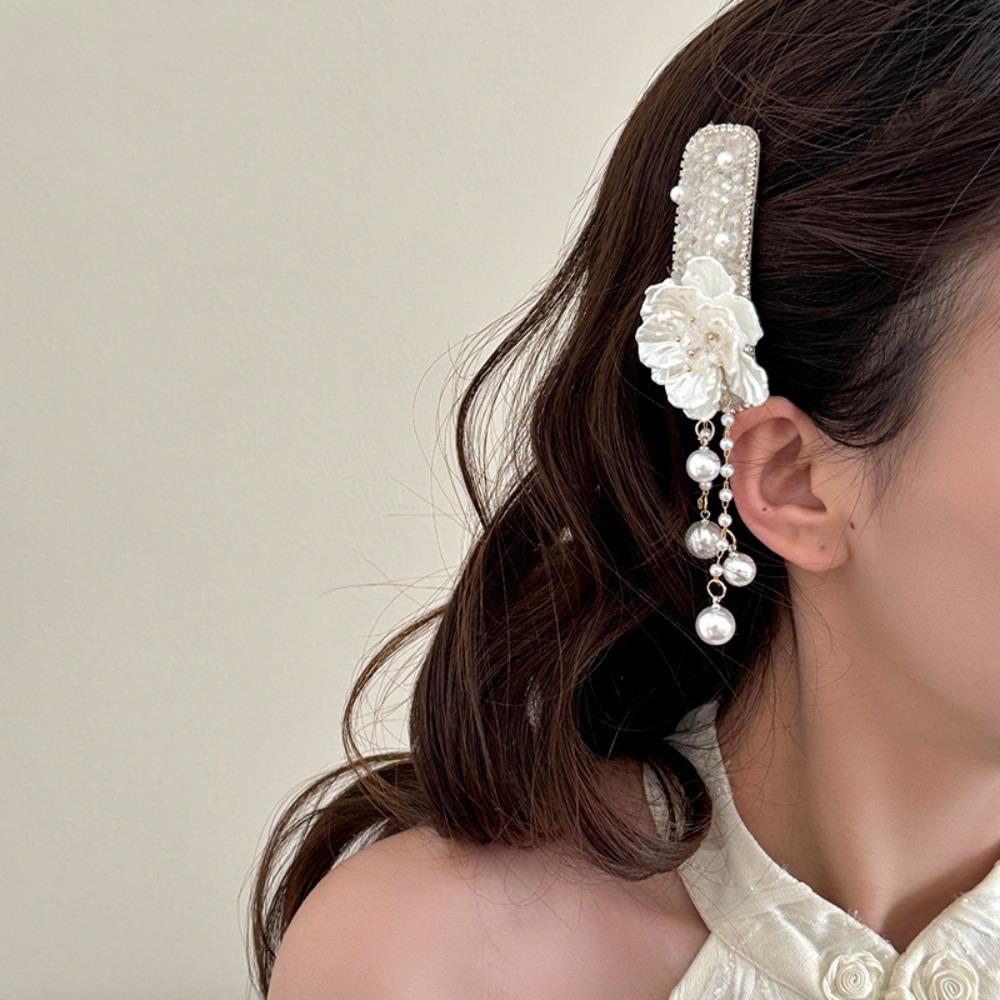 Flower Pearl Tassel Barrettes Elegant Chinese Style Side Clip Bling Crystal Hairpins  Party
