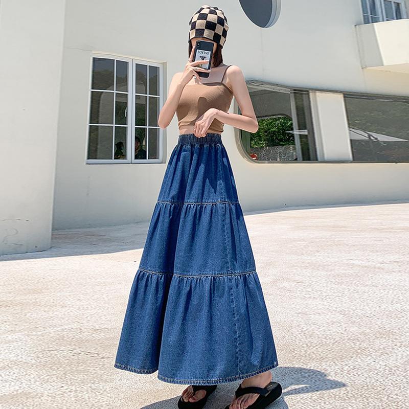Cake Denim Skirt Women's Elastic High Waisted Solid Color A-line Skirt Commuting Harajuku Style 2025 Spring New Fashion