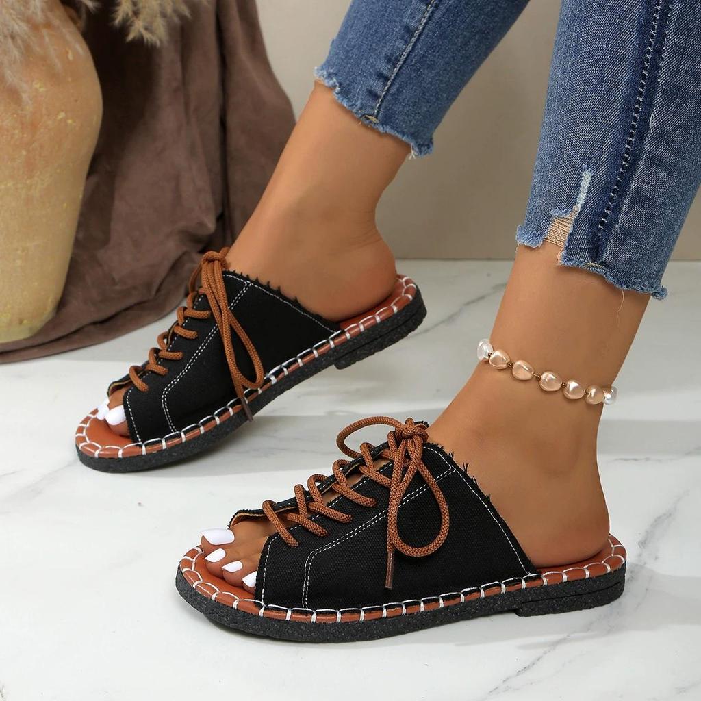 Women's Lace Up Flat Slide Shoes Fashion Peep Toe Summer Shoes Casual Outdoor Beach Slide Sandals