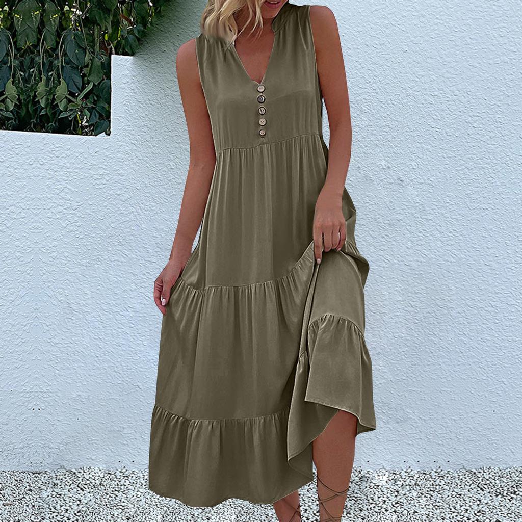 Women's Fashion Sleeveless Pleated Loose V-Neck Mid-Length Solid Colour Dresses