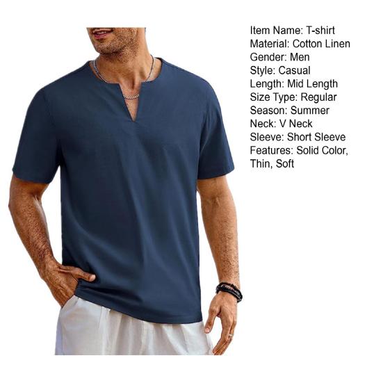 Мужская летняя футболка однотонная с коротким рукавом и v-образным вырезом, мягкий дышащий хлопок и лен, пуловер средней длины, повседневный повседневный пляжный топ