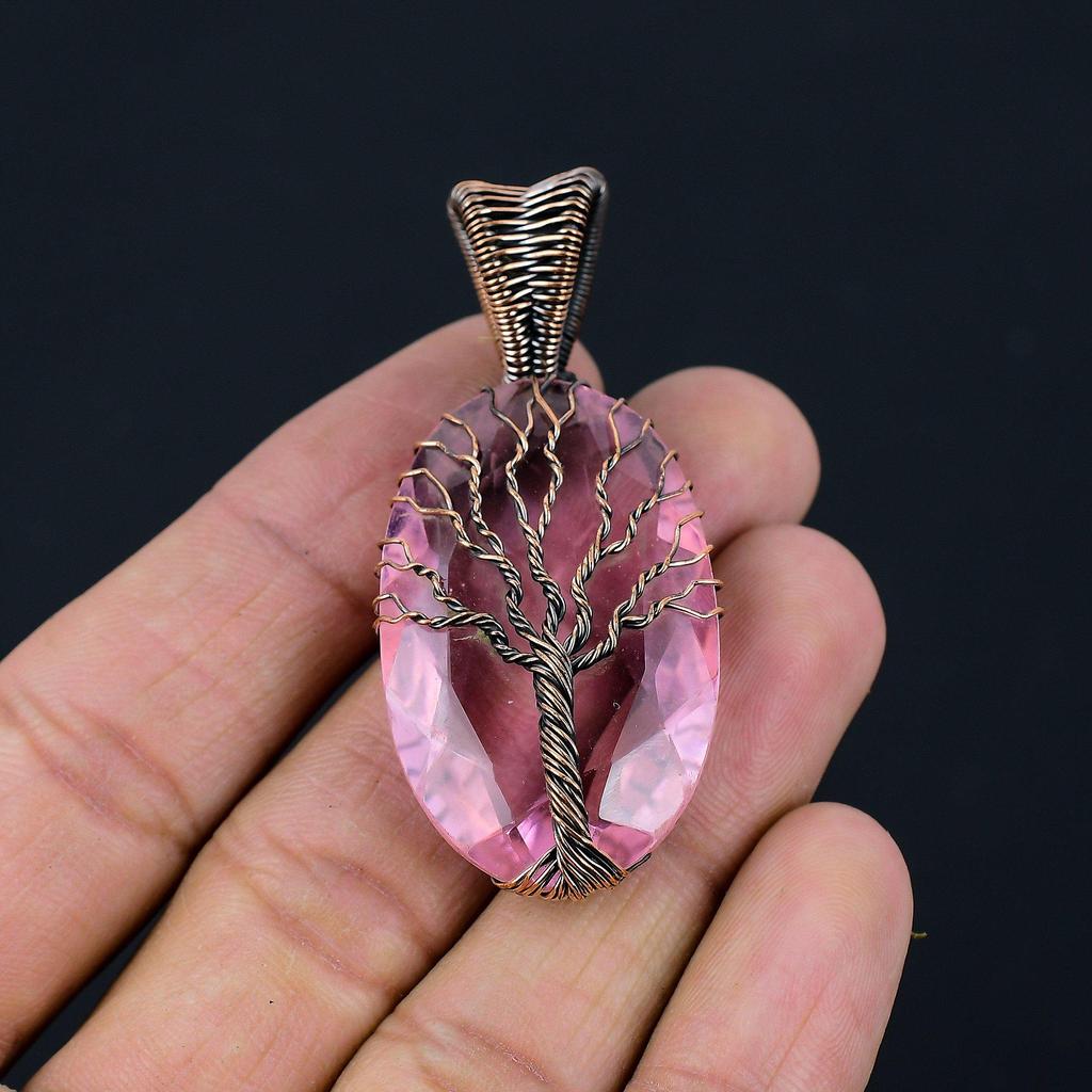 Древо Жизни Розовый Кунзит Драгоценный Камень Медная Проволока Обернуть Ювелирные Изделия Кулон Ручной Работы Для Женщин
