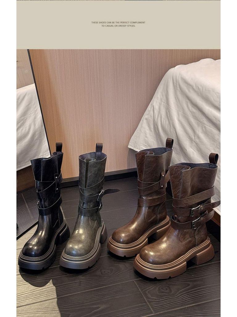 Женские осенние ботинки Мартин 2025 с пряжкой-ремнем - Универсальные, стройнящие, на толстой подошве, увеличивающие рост короткие ботинки для женщин и мужчин