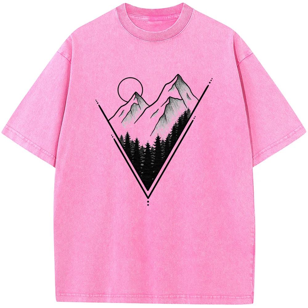Геометрический горный закат Принт Футболка с коротким рукавом Мужская и женская Повседневная футболка Выстиранная состаренная футболка в старом стиле