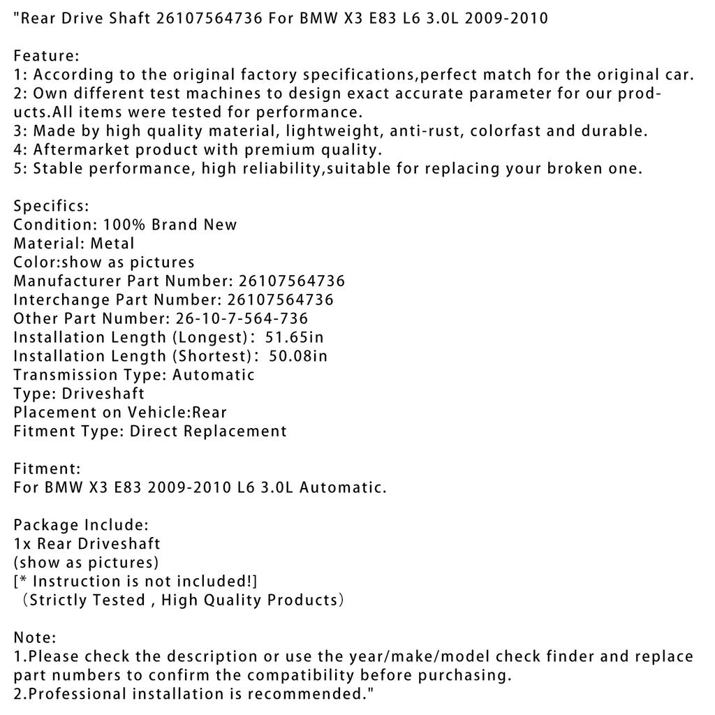 Задний приводной вал 26107564736 для BMW X3 E83 L6 3.0L 2009-2010