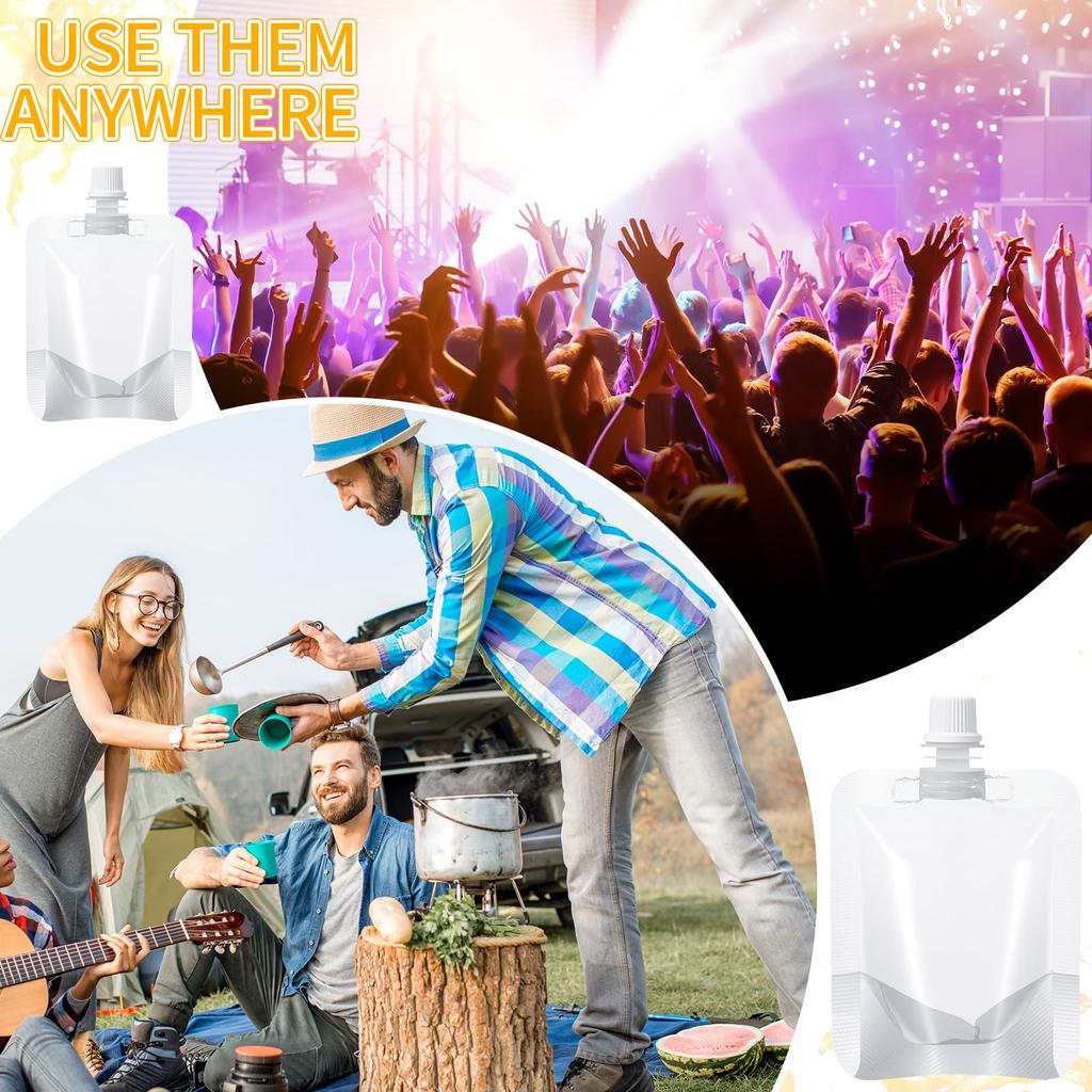 100 Pcs Disposable Plastic Flasks Stand-Up Squeeze Pouches Clear Leakproof Juice Bags with Funnel for Parties Weddings Outdoor Events Travel Mixed