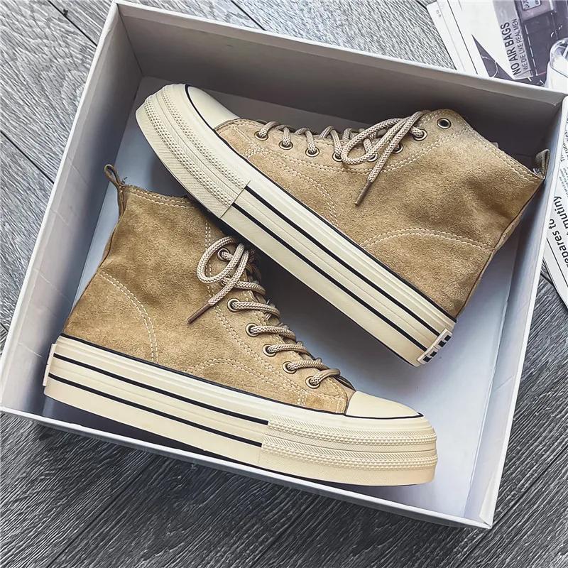 Suede High Top Casual Sneakers Shoes for Men Vintage Brown Ankle Boots Thick Sole Men Shoes High Top Mens Sneakers
