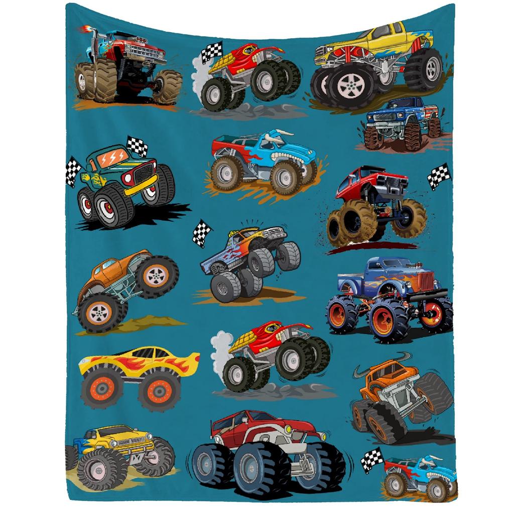 Синий плед Monster Truck Cartoon Cars Flannel Пледы для детей и мальчиков на все времена Трек Кровать Диван Одеяло King Queen Size
