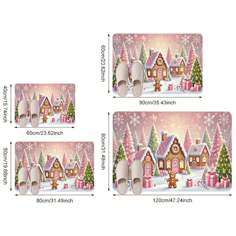 Pink Gingerbread House Doormat Plush Soft Rug, Candy Cane Snowflake Design Machine Washable Door Carpet for Winter Decor