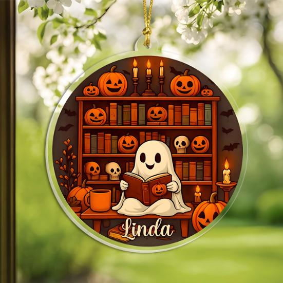 Cute Ghost Reading Book Ornament 2D Acrylic Ghost Pumpkin Window Hanging Decoration for Halloween Home Party Decor