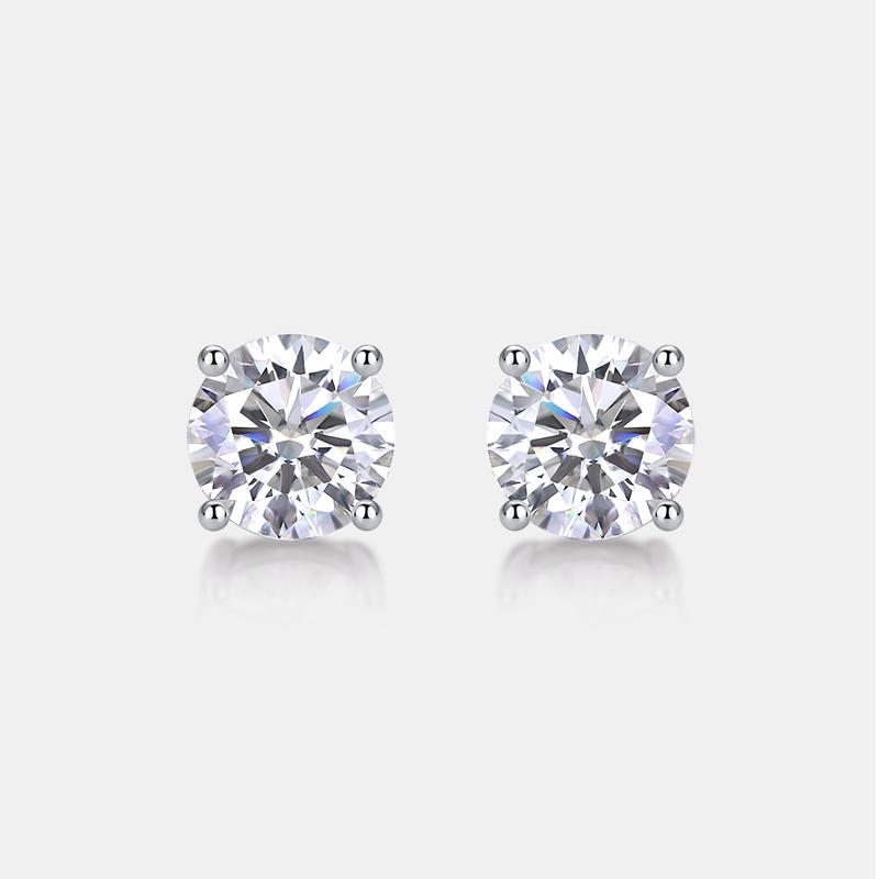 Rhodium Plated S925 Sterling Silver Round Cut 2CT Womens Moissanite Diamond Solitaire Stud Earring