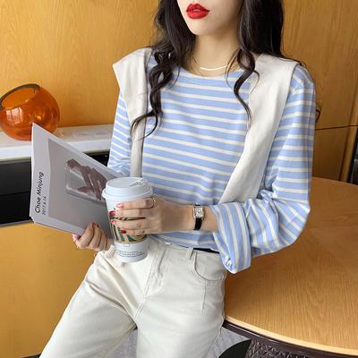 Полосатая футболка с длинными рукавами для женщин, новая свободная хлопковая внутренняя рубашка в корейском стиле на весну и осень, универсальный топ с круглым вырезом на раннюю осень