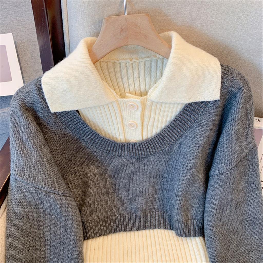 Японский ленивый двухсекционный свитер для женщин, новый осенний, замедляющий старение, укороченный трикотажный топ с воротником-поло из иностранного материала