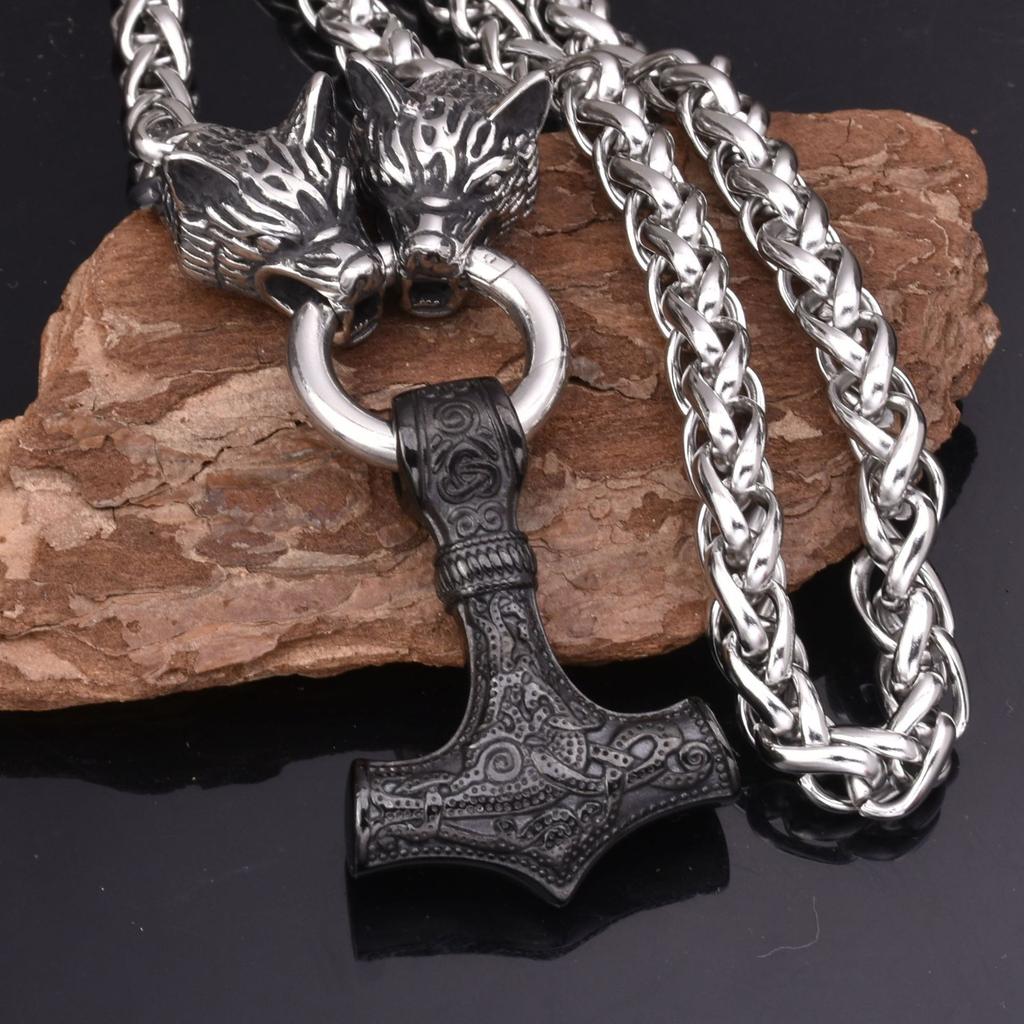 Men 'S Stainless Steel Necklace Viking Stainless Steel Wolf Head Thor 'S Hammer Pendant Necklace