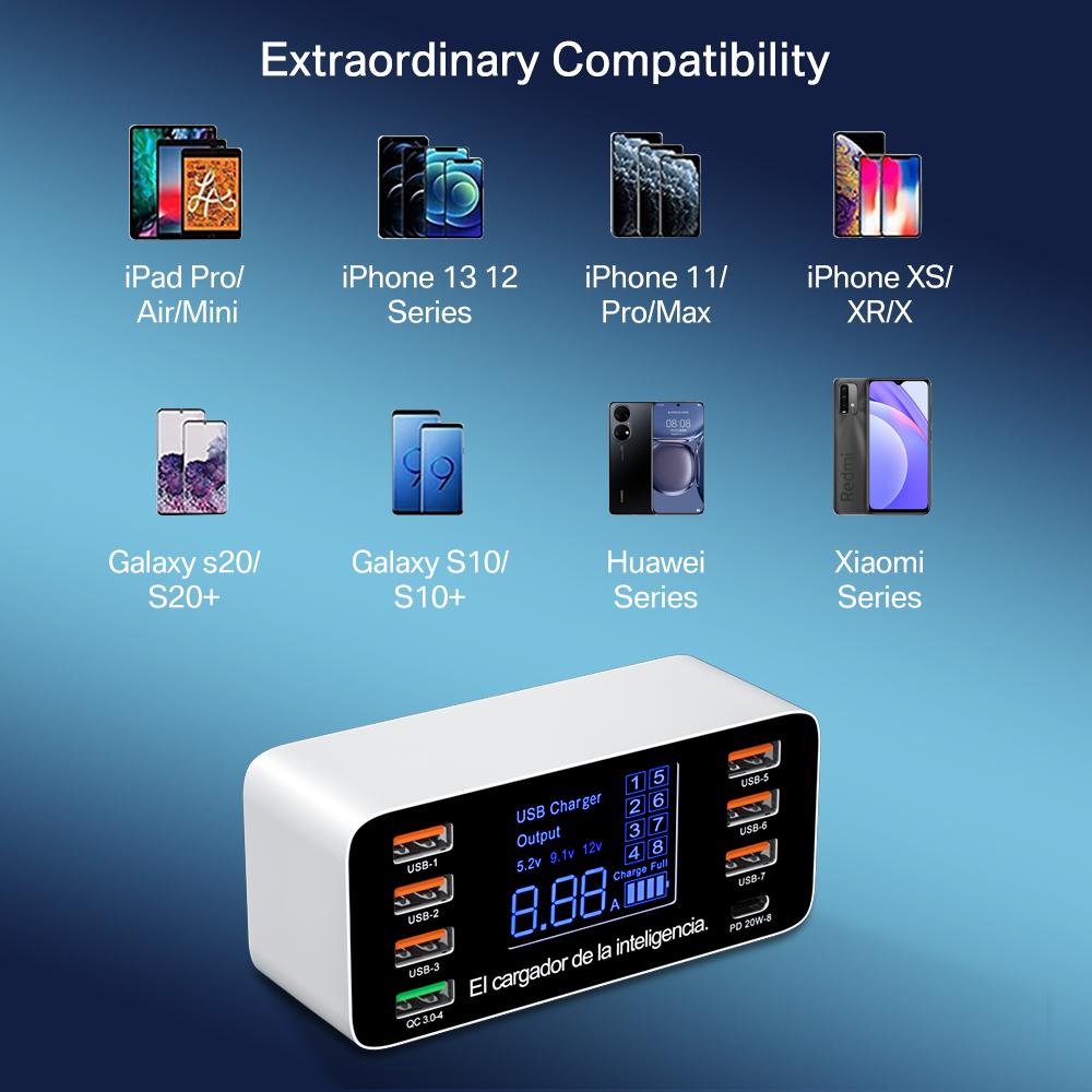 8 портов быстрой зарядки USB зарядное устройство QC3.0 быстрая зарядка тип C интеллектуальная зарядная станция ЖК-цифровой дисплей USB мультипорт для телефона