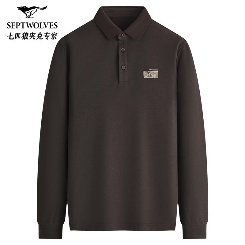Classic Collar Design: Seven Wolves Men's Modal Double sided Wolf Culture Embroidered Long Sleeve Polo