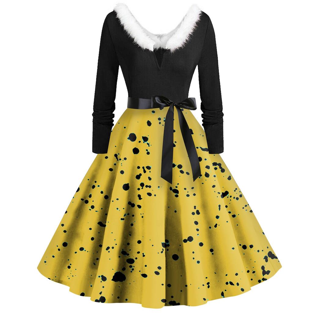 Женское повседневное и модное платье с длинными рукавами, V-образным вырезом и принтом в горошек, застегивающееся на молнию